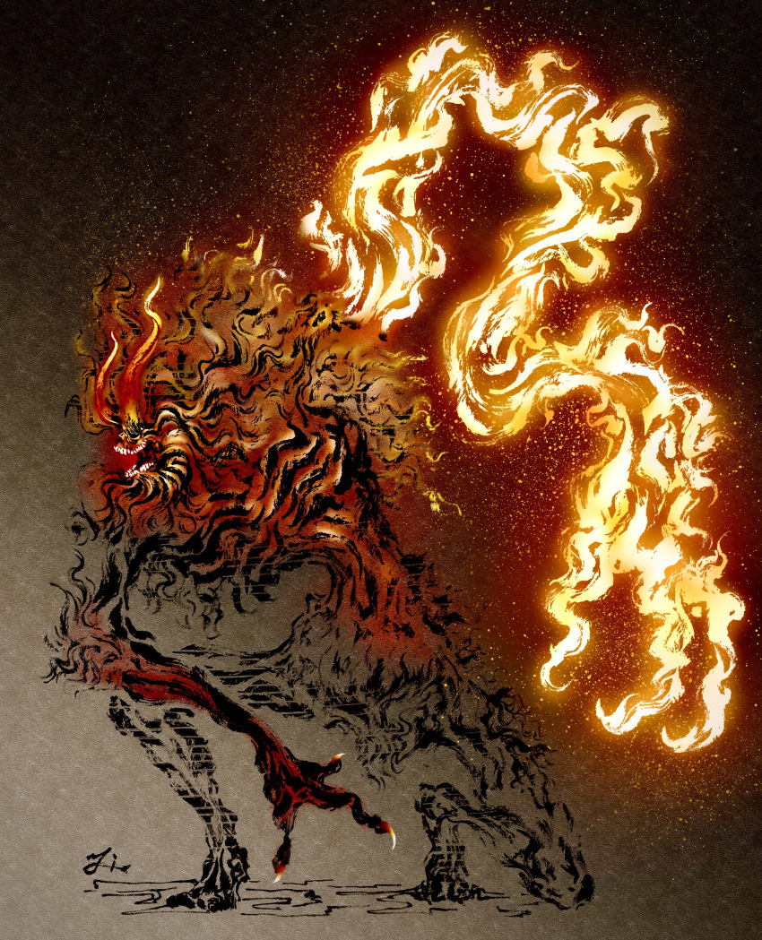 absurdres amputee beard claws deadpool_yuchan demon demon_horns demon_of_hatred emaciated facial_hair fewer_digits fire flaming_hand highres horns long_beard long_hair missing_limb monster monster_focus no_humans open_mouth partially_colored red_hair sekiro:_shadows_die_twice signature solo sumi-e