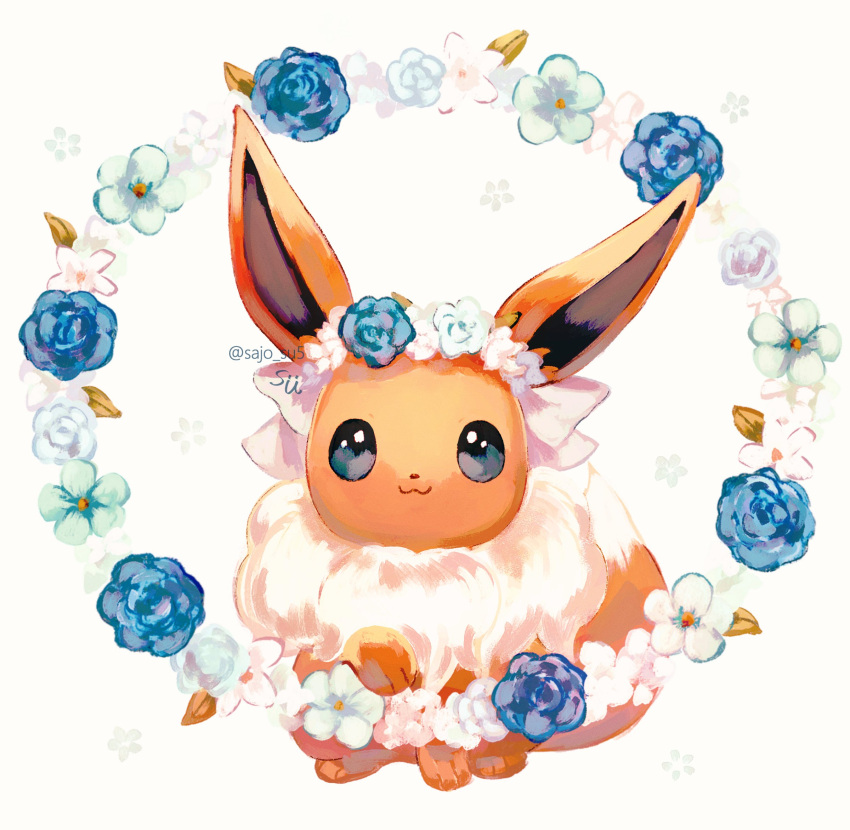 :3 animal_focus artist_name brown_fur closed_mouth eevee flower_wreath head_wreath highres looking_at_viewer mane no_humans pokemon pokemon_(creature) sitting smile su_(sajo_su5) tail twitter_username white_background