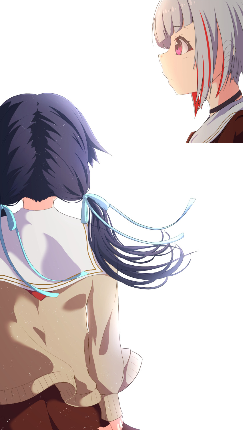 2girls absurdres black_choker blue_hair blue_ribbon bob_cut brown_cardigan brown_dress cardigan choker commentary_request dark_blue_hair dollchestra dress floating_hair grey_hair hair_ribbon hasu_no_sora_school_uniform highres inverted_bob light_particles link!_like!_love_live! long_hair long_sleeves looking_ahead love_live! low_twintails multicolored_hair multiple_girls murano_sayaka neckerchief open_cardigan open_clothes rakinegimagi red_eyes red_hair red_neckerchief ribbon sailor_collar sailor_dress school_uniform short_hair simple_background streaked_hair twintails twitter_thumbnail_collage virtual_youtuber white_background white_sailor_collar winter_uniform yugiri_tsuzuri