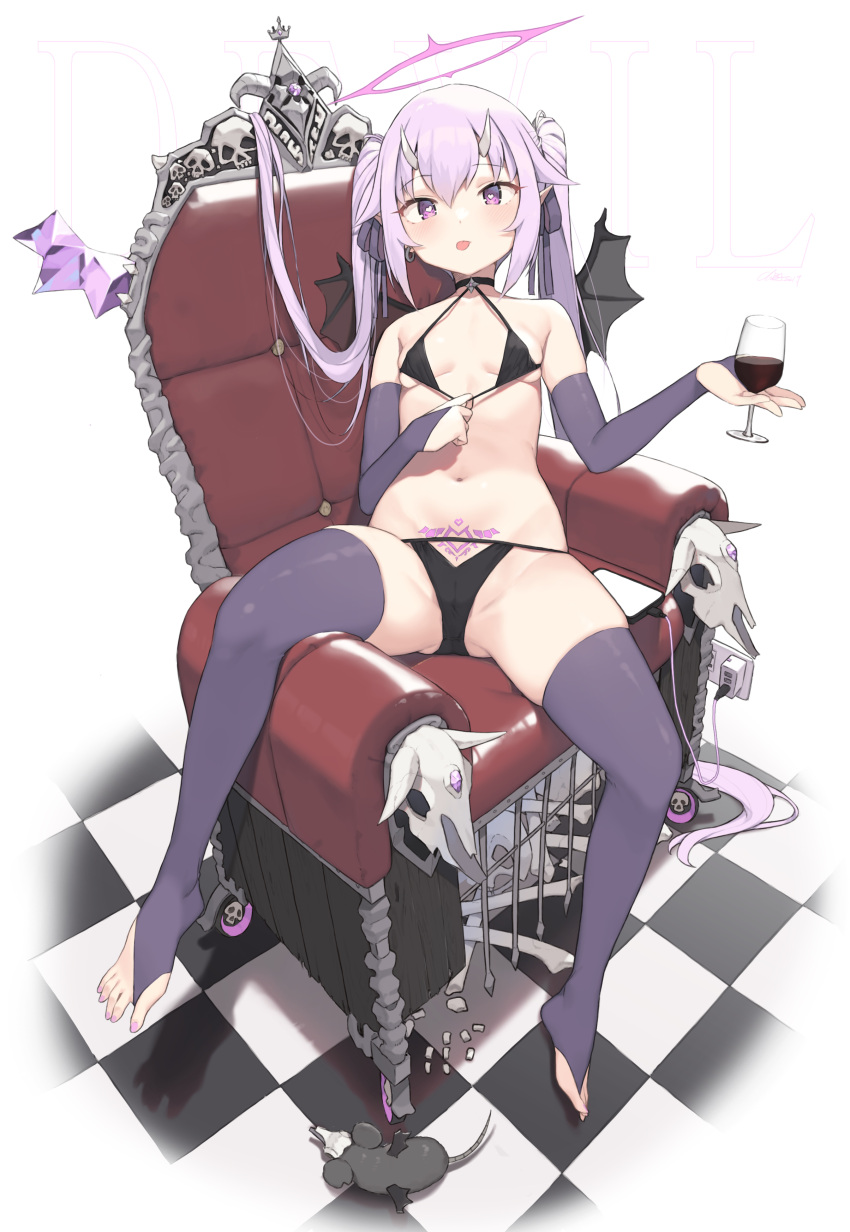 1girl :p absurdres alcohol animal_skull bangs black_bra black_choker black_legwear black_panties blush bone bra bra_pull breasts cameltoe cellphone chair charger checkered checkered_floor choker cloba clothes_pull commentary cup demon_wings drinking_glass earrings elbow_gloves electric_socket english_text eyebrows_visible_through_hair glass gloves hair_between_eyes hair_ribbon halo heart heart-shaped_pupils highres holding horns jewelry long_hair looking_at_viewer nail_polish navel no_shoes original panties phone pubic_tattoo purple_eyes purple_hair reclining ribbon sidelocks sitting small_breasts solo spread_legs symbol-only_commentary symbol-shaped_pupils tattoo thighhighs toes tongue tongue_out twintails underwear very_long_hair wine wine_glass wings