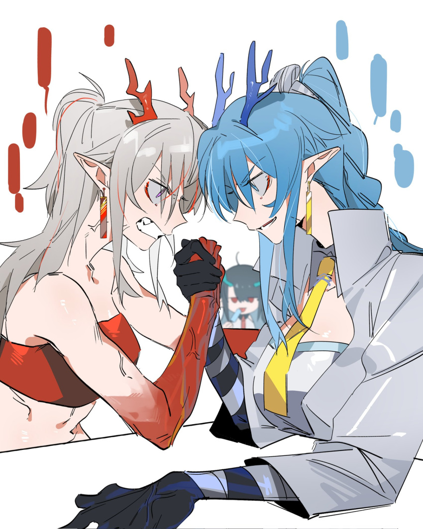 3girls arknights arm_wrestling bandeau bare_arms black_hair black_skin blank_speech_bubble blue_eyes blue_hair blurry blurry_background chinese_commentary clenched_teeth colored_skin commentary_request corrupted_twitter_file dragon_horns dusk_(arknights) earrings eye_contact grey_hair highres horns jacket jewelry ling_(arknights) long_hair long_sleeves looking_at_another molu_stranger multicolored_hair multiple_girls necktie nian_(arknights) pointy_ears ponytail purple_eyes red_bandeau red_eyes red_hair red_skin siblings simple_background sisters speech_bubble streaked_hair teeth white_background white_jacket yellow_necktie