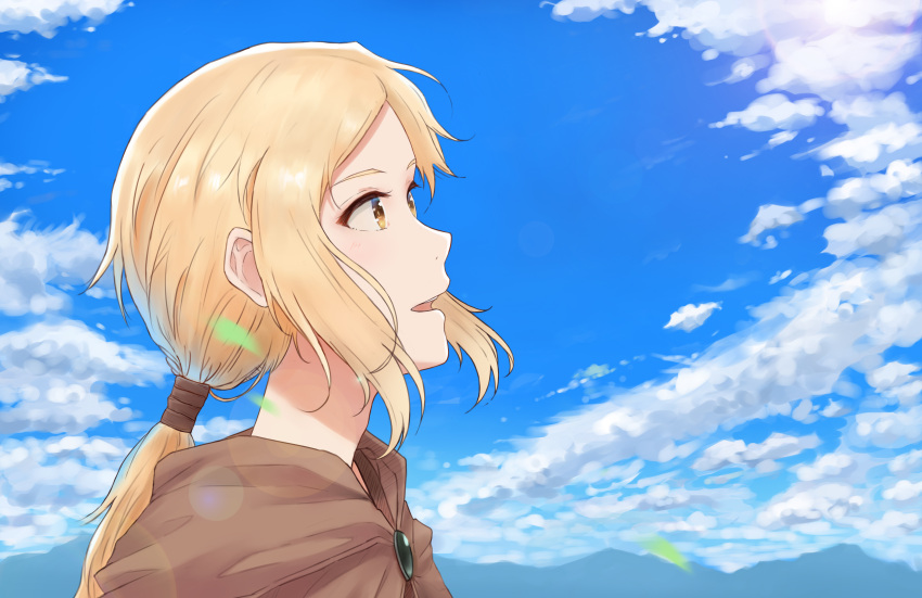 1girl :o absurdres brown_eyes cloud day highres lens_flare long_hair mountainous_horizon nora_arento outdoors ponytail profile sidelocks solo spice_and_wolf wind xvii