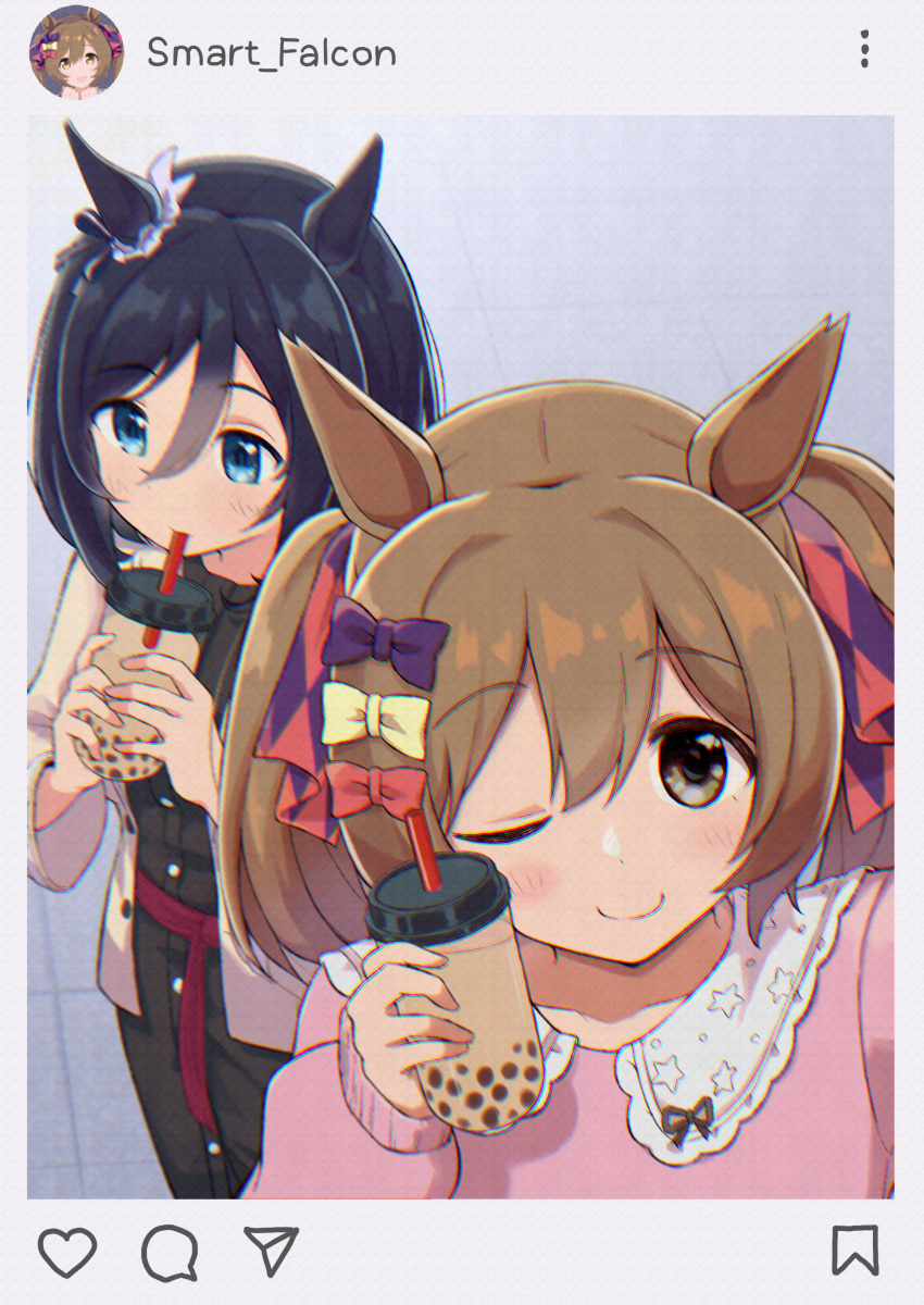 2girls absurdres animal_ears bangs black_dress black_hair blush bow brown_hair brown_jacket bubble_tea casual collarbone collared_shirt commentary_request dress drinking drinking_straw eishin_flash_(umamusume) eyebrows_visible_through_hair fake_screenshot hair_bow hair_ornament hair_ribbon hair_scrunchie highres horse_ears instagram jacket kanikanitengoku looking_at_viewer multiple_girls one_eye_closed open_clothes open_jacket pink_shirt ribbon scrunchie selfie shirt short_hair smart_falcon_(umamusume) smile umamusume yellow_eyes