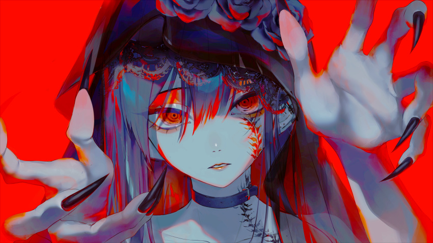 1girl absurdres belt_collar collar commentary facial_tattoo fingernails grey_hair hair_between_eyes hands_up highres kakubi_neu kamitsubaki_studio loluet_(utaite) long_hair looking_at_viewer neck_tattoo parted_lips portrait reaching reaching_towards_viewer red_background red_eyes red_light red_theme ringed_eyes shadow_shadow_(vocaloid) sharp_fingernails solo tattoo veil very_long_fingernails