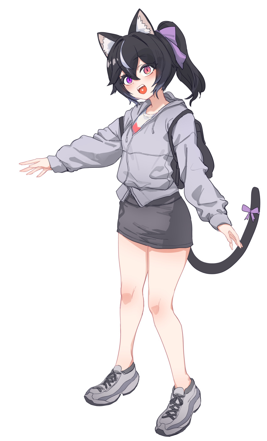 1girl :d absurdres animal_ear_fluff animal_ears aningay backpack bag black_hair blush bow cat_ears cat_girl cat_tail copyright_request drawstring fangs full_body grey_footwear grey_hair grey_jacket grey_skirt hair_between_eyes hair_bow heart heart_in_mouth heterochromia highres hood hood_down hooded_jacket jacket long_sleeves multicolored_hair ponytail puffy_long_sleeves puffy_sleeves purple_bow purple_eyes red_eyes shirt shoes simple_background skirt sleeves_past_wrists smile solo streaked_hair tail teeth upper_teeth_only white_background white_shirt