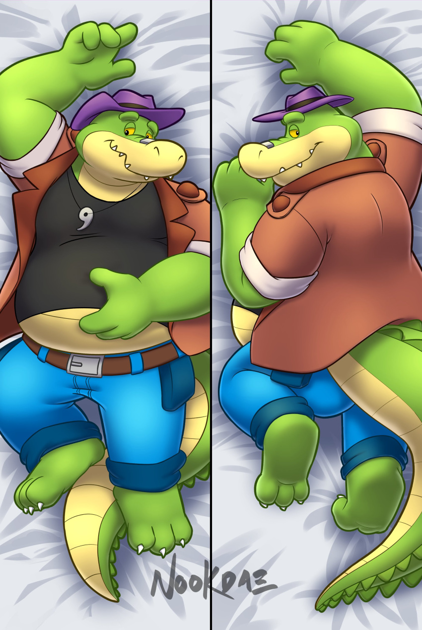 2024 3_toes 4_fingers absurd_res alligator alligatorid anthro belly big_belly bottomwear brok_(brok_the_investigator) brok_the_investigator butt clothing crocodilian dakimakura_design dakimakura_pose feet fingers green_body hat headgear headwear hi_res kemono lying male nookdae overweight overweight_male pants reptile scalie shirt smile solo toes topwear