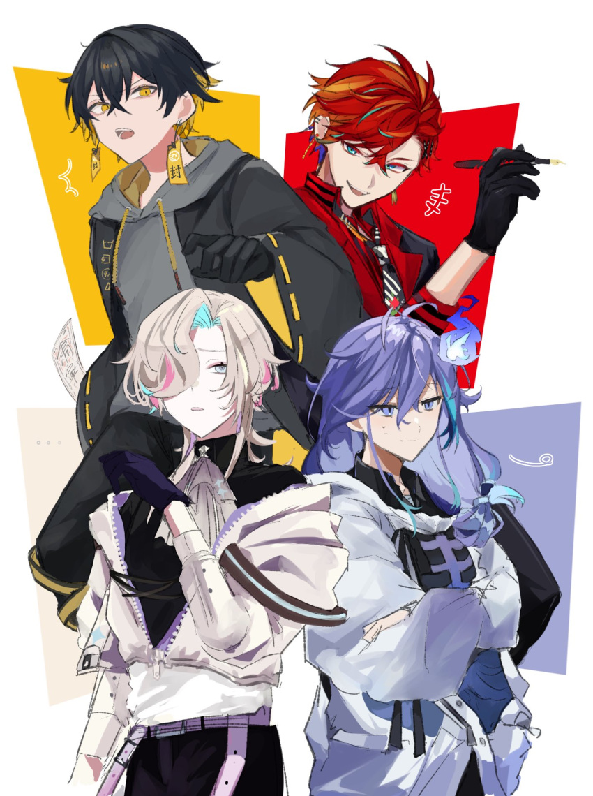 4boys aqua_eyes aqua_hair ascot bishounen black_gloves black_hair black_shirt blonde_hair blue_eyes blue_hair colored_inner_hair crossed_arms earrings gloves gradient_hoodie hair_between_eyes hair_over_one_eye highres hizaki_gamma holding holding_pen holostars jewelry long_hair looking_at_another looking_at_viewer male_focus mg_ytm minase_rio multicolored_hair multiple_boys necktie open_mouth pen pink_hair purple_eyes purple_hair red_hair shirt short_hair streaked_hair sweatdrop upper_body uproar_(holostars) utsugi_uyu virtual_youtuber white_ascot white_background wide_sleeves yatogami_fuma yellow_eyes