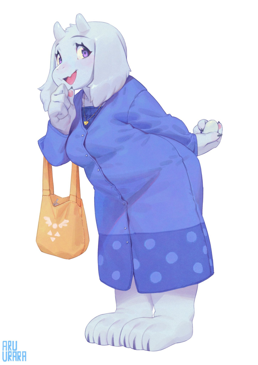 1girl animal_ears bag blue_dress commentary deltarune dress fangs full_body furry furry_female goat_ears goat_girl handbag highres horns inuki_(aruurara) jewelry locket necklace open_mouth pendant plump purple_eyes smile toriel white_background