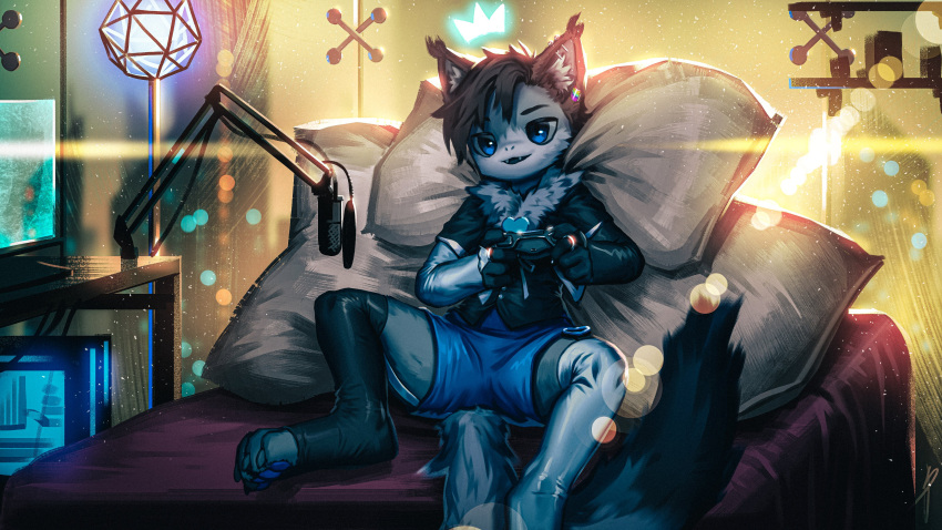 2022 absurd_res anthro armwear bed bedroom big_pillow blaedic blue_eyes blue_pawpads boom_microphone bottomwear bridal_gauntlets clothed clothing computer controller cropped_jacket crossdressing cute_fangs detailed_background domestic_cat ear_tuft electronics felid feline felis floating_crown front_view fully_clothed fur_trim_(clothing) furniture gaming girly glowing_crown hair hi_res holding_controller holding_object inner_ear_fluff inside lens_flare light lighting lumikin male male_anthro mammal microphone on_bed open_mouth pawpads pillow pop_filter ps4_controller rainbow_piercings reclining short_hair shorts sitting solo spread_legs spreading toeless_legwear toeless_stockings tuft