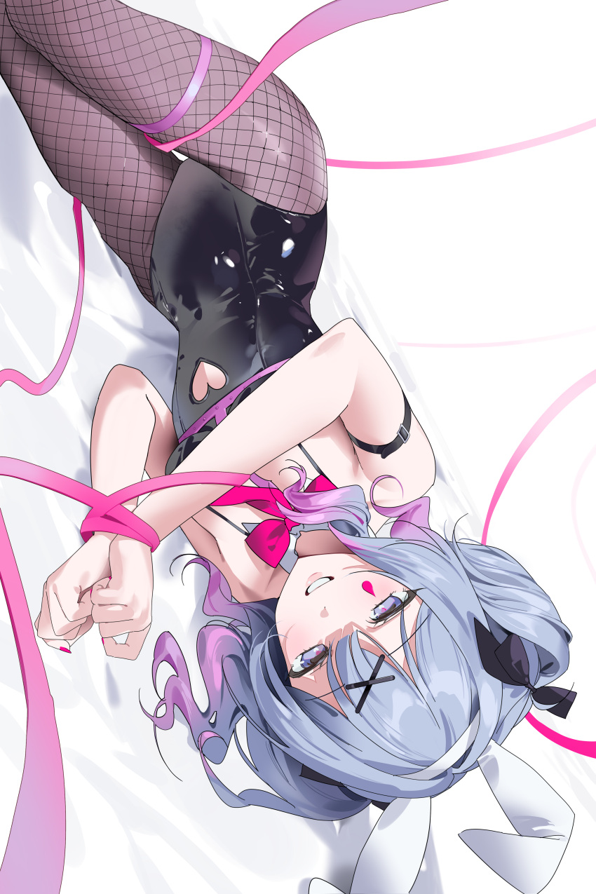 1girl absurdres black_leotard blue_eyes blue_hair blush bound bound_wrists bow bowtie chii_(chiiriring) commentary_request cutout_above_navel fishnet_pantyhose fishnets gradient_hair grey_pantyhose hatsune_miku highres latex latex_leotard leotard looking_at_viewer lying multicolored_hair on_bed on_side pantyhose pink_hair pink_ribbon rabbit_hole_(vocaloid) red_bow red_bowtie ribbon smile solo strapless strapless_leotard teardrop_facial_mark twintails upside-down vocaloid wavy_hair
