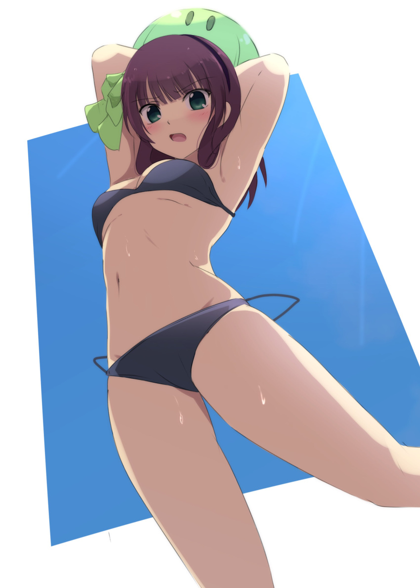 1girl absurdres angel_beats! armpits arms_up backlighting ball beachball bikini black_bikini black_hairband blue_background blunt_bangs blush bow breasts commentary company_connection dango_daikazoku eyes_visible_through_hair feet_out_of_frame foreshortening from_below frown green_bow green_eyes hair_bow hair_over_shoulder hairband highres holding holding_ball holding_beachball key_(company) lelie_(lelie_link) looking_at_viewer looking_down medium_breasts medium_hair nakamura_yuri navel open_mouth outdoors purple_hair simple_background solo standing stomach straight_hair sunlight sweat swimsuit two-tone_background underboob v-shaped_eyebrows white_background |_|