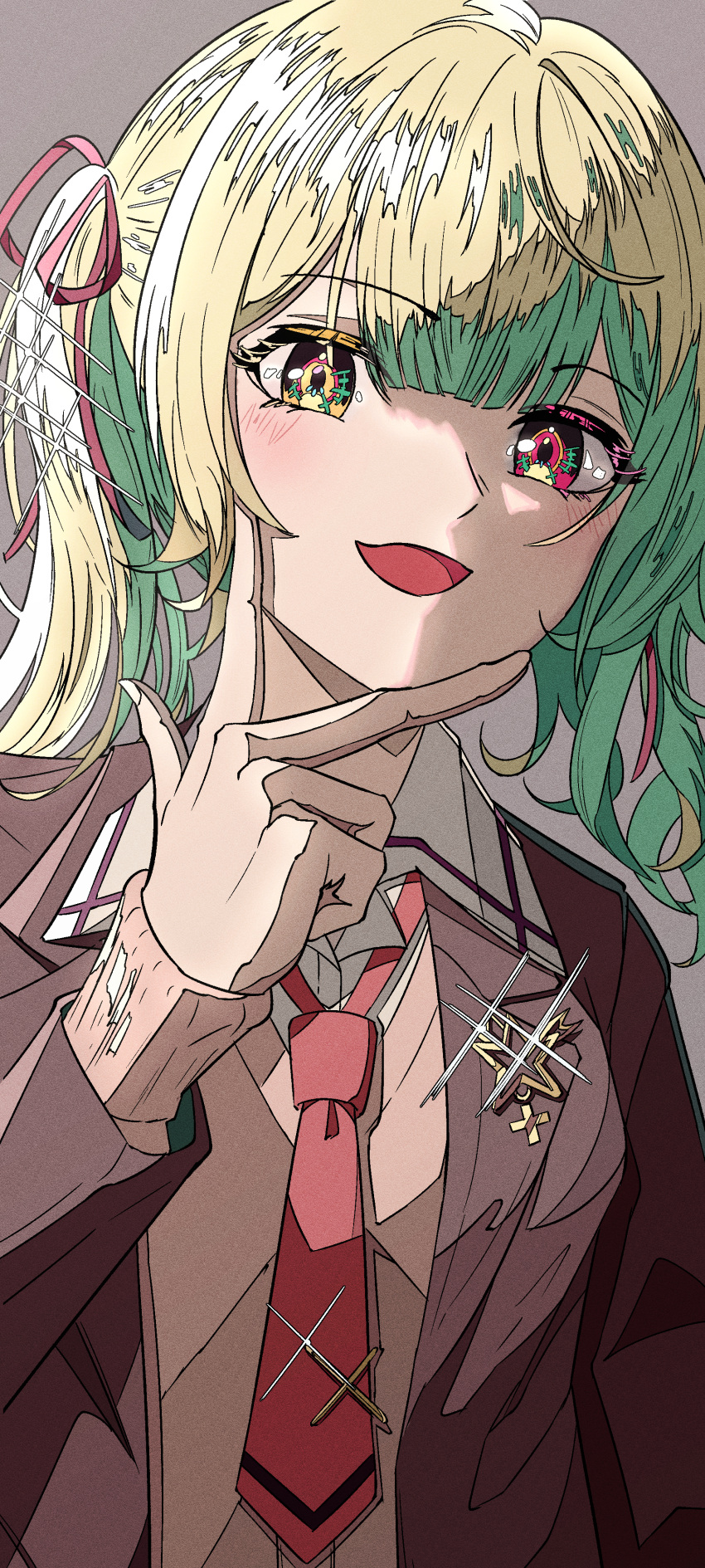 1girl :d absurdres blazer blonde_hair blush brown_jacket cardigan cardigan_under_jacket collared_shirt commission grey_background hair_ribbon hand_on_own_chin hand_up hands_up heterochromia highres hoshikawa_sara hoshikawa_sara_(4th_costume) jacket long_sleeves looking_at_viewer medium_hair natsugu72 necktie nijisanji open_clothes open_jacket pink_cardigan red_eyes red_necktie red_ribbon ribbon school_uniform shirt smile solo sparkle twintails upper_body virtual_youtuber w white_shirt yellow_eyes