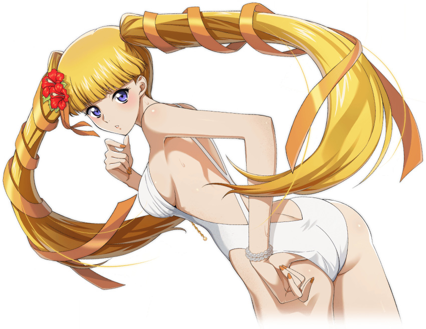 1girl adjusting_clothes adjusting_swimsuit artist_request ass backless_swimsuit bare_shoulders blonde_hair blue_eyes blunt_bangs blush breasts code_geass code_geass:_lost_stories cowboy_shot cropped_legs dutch_angle flower from_behind game_cg hair_flower hair_ornament hair_ribbon hand_up hibiscus leaning_forward long_hair looking_at_viewer looking_back medium_breasts monica_kruszewski nail_polish non-web_source official_art one-piece_swimsuit orange_nails orange_ribbon parted_lips red_flower ribbon shiny_skin sideboob simple_background solo standing sweat swimsuit teeth thighs transparent_background twintails very_long_hair white_one-piece_swimsuit