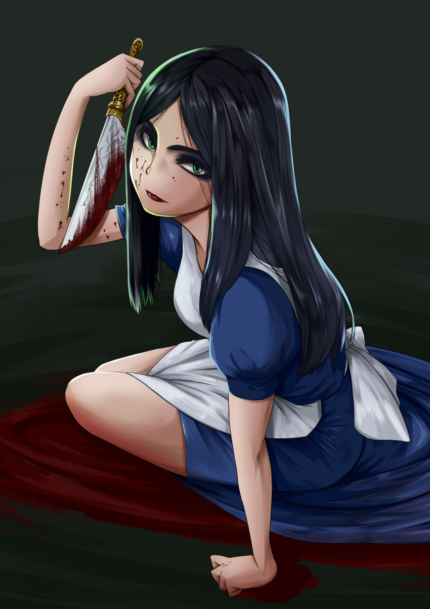 1girl alice:_madness_returns alice_(alice_in_wonderland) american_mcgee's_alice apron black_hair blood closed_mouth dress green_eyes highres knife lipstick long_hair looking_at_viewer makeup pekorosu solo
