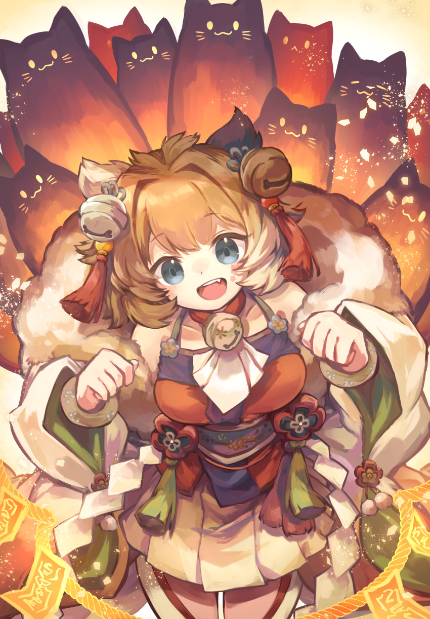 1girl :3 absurdres animal_ears bangs bell blue_eyes bracelet breasts cat cat_ears collarbone cowboy_shot eyebrows_visible_through_hair fang fur_trim hair_bell hair_between_eyes hair_ornament highres japanese_clothes jewelry jingle_bell kuuron_(moesann17) large_breasts long_sleeves looking_at_viewer medium_hair miya_(p&amp;d) multicolored_hair neck_bell ofuda open_mouth orange_hair puzzle_&amp;_dragons rope shimenawa skirt solo talisman tassel too_many too_many_cats white_hair wide_sleeves