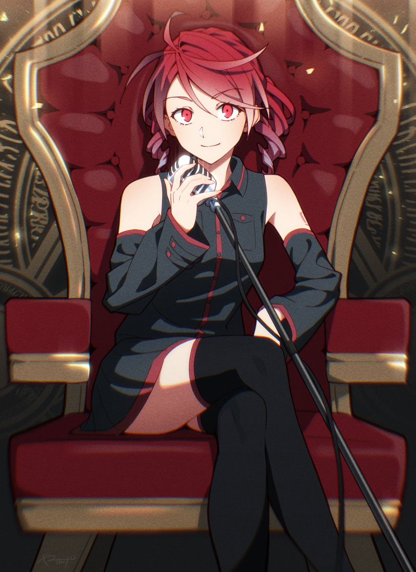 1girl absurdres bare_shoulders crossed_legs detached_sleeves drill_hair highres kasane_teto multicolored_hair red_eyes sitting smile solo thighs twin_drills two-tone_hair utau yasutange zettai_ryouiki