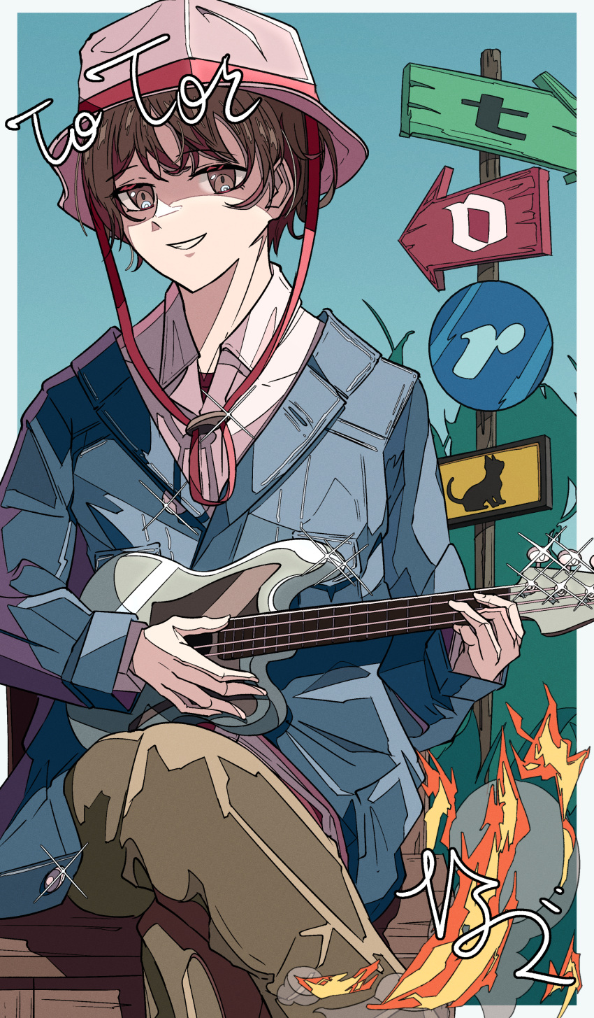 1boy absurdres artist_name blue_background blue_jacket brown_eyes brown_hair brown_pants bucket_hat collared_shirt commission crossed_legs electric_guitar feet_out_of_frame fire grin guitar hat highres holding holding_instrument instrument jacket long_sleeves looking_at_viewer male_focus music natsugu72 original pants pink_hat playing_instrument road_sign shirt short_hair sign signature sitting skeb_commission smile solo white_shirt