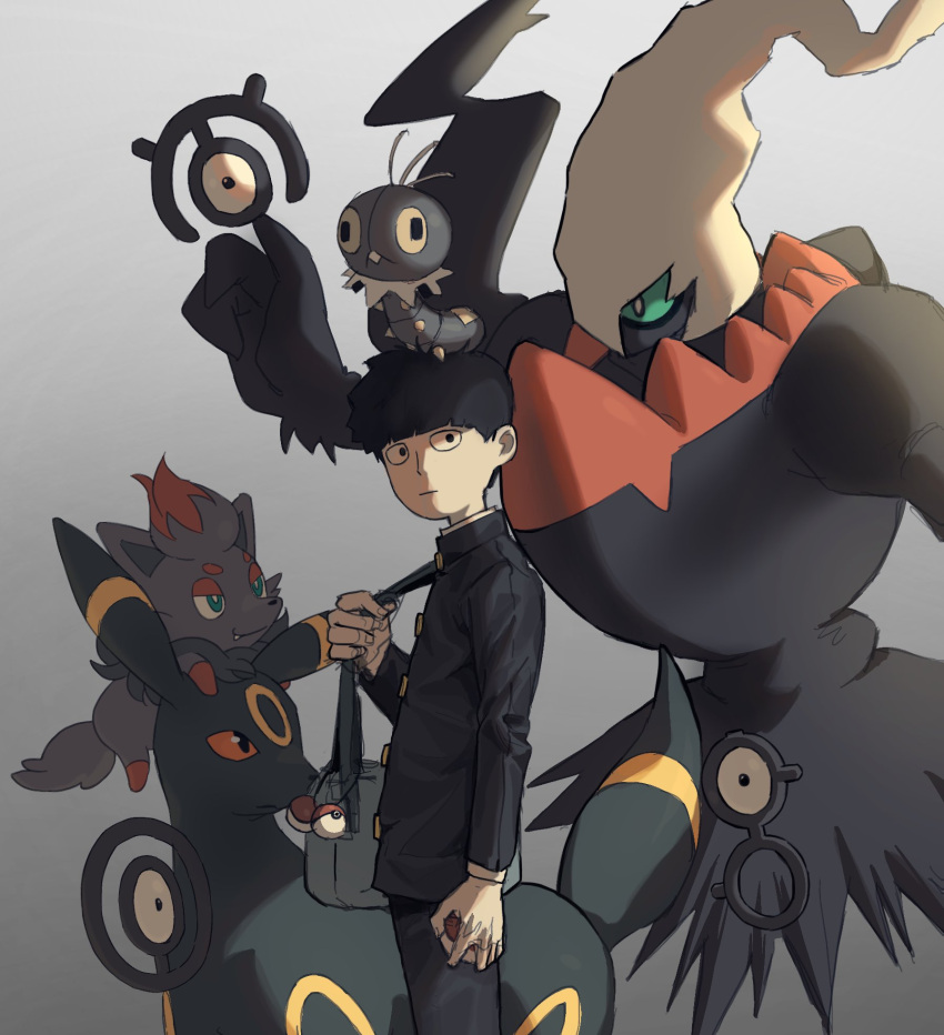 1boy animal_on_head bag black_hair black_jacket black_pants blonde_hair bowl_cut color_connection commentary crossover darkrai from_side gakuran gradient_background grey_background highres holding holding_poke_ball jacket kageyama_shigeo long_sleeves looking_at_viewer looking_to_the_side male_focus mob_psycho_100 namo_(mubulike) on_head pants poke_ball pokemon pokemon_(creature) scatterbug school_uniform short_hair shoulder_bag standing symbol-only_commentary umbreon unown unown_b unown_m unown_o zorua