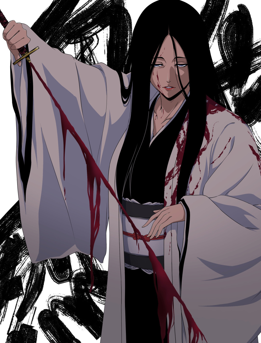 1girl absurdres arm_up bankai black_hair black_kimono bleach bleach:_sennen_kessen-hen blood blood_on_clothes blood_on_face blue_eyes collarbone commentary_request cowboy_shot eyelashes fighting_stance hair_between_eyes hair_down half-closed_eyes haori highres holding holding_sword holding_weapon japanese_clothes katana kimono lips long_hair long_sleeves looking_at_viewer minazuki_(bankai) nishizuki_shino nose open_clothes open_kimono parted_bangs parted_lips red_lips serious simple_background solo straight_hair sword unohana_retsu weapon white_background white_kimono wide_sleeves