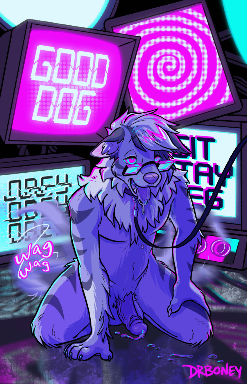 absurd_res anthro balls bodily_fluids border_collie canid canine canis collar collie digital_media_(artwork) domestic_cat domestic_dog drboney dripping drooling english_text eyewear felid feline felis fluffy fur genital_fluids genitals glasses good_dog hand_on_ground hand_on_leg hand_on_thigh herding_dog hi_res humanoid_genitalia humanoid_penis jake_(blazingpelt) kneeling leaking_precum leash leashed_collar lidded_eyes male mammal markings mind_control neck_tuft nude obey open_mouth pastoral_dog penis precum precum_on_ground ringed_eyes saliva screen sheepdog solo species_transformation spiral striped_markings stripes submissive tabby_cat tail tail_motion tailwag teeth text tongue tongue_out transformation tuft