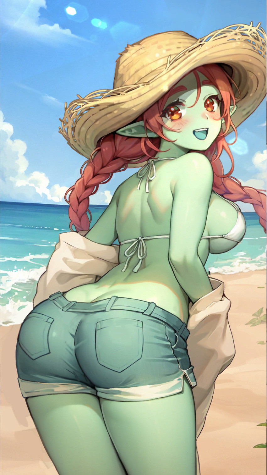 1girl :d absurdres ass bent_over blue_tongue blush braid breasts charlotte_(isekai:_slow_life) colored_skin colored_tongue denim denim_shorts female_goblin goblin green_skin hand_up hat highres isekai:_slow_life legs long_hair looking_at_viewer medium_breasts monster_girl non-web_source one_eye_closed open_mouth pointy_ears red_eyes red_hair shirt shorts smile straw_hat thigh_gap thighs twin_braids twintails