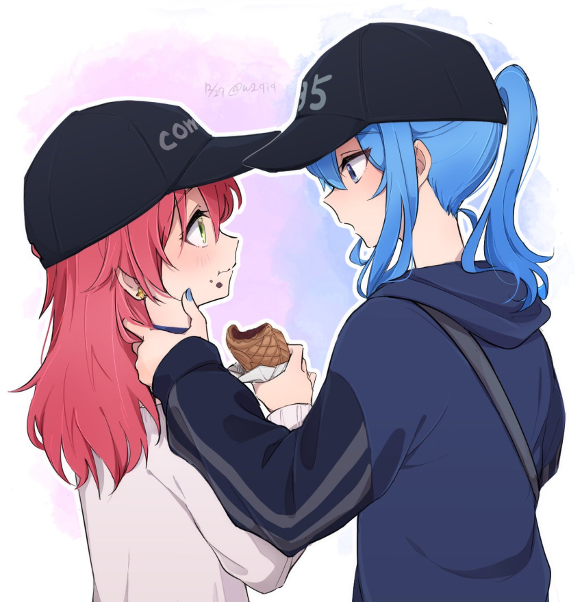 2girls bag baseball_cap black_hat blue_eyes blue_hair blue_jacket blue_nails closed_mouth earrings eye_contact food food_on_face green_eyes grey_shirt hat highres hololive hoshimachi_suisei jacket jewelry long_hair long_sleeves looking_at_another multiple_girls open_mouth ponytail purple_background red_hair sakura_miko shirt shoulder_bag stud_earrings tsubudashi twitter_username upper_body virtual_youtuber white_background yuri