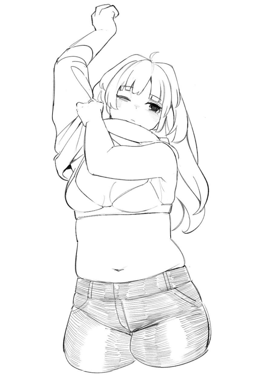 1girl ahoge black_eyes blunt_bangs bra breasts cropped_legs denim dressing expressionless hair_intakes hand_up highres jeans long_hair looking_to_the_side medium_breasts monochrome nimo_(b45ui) one_eye_closed original pants plump pulling sketch stomach sweater underwear white_background