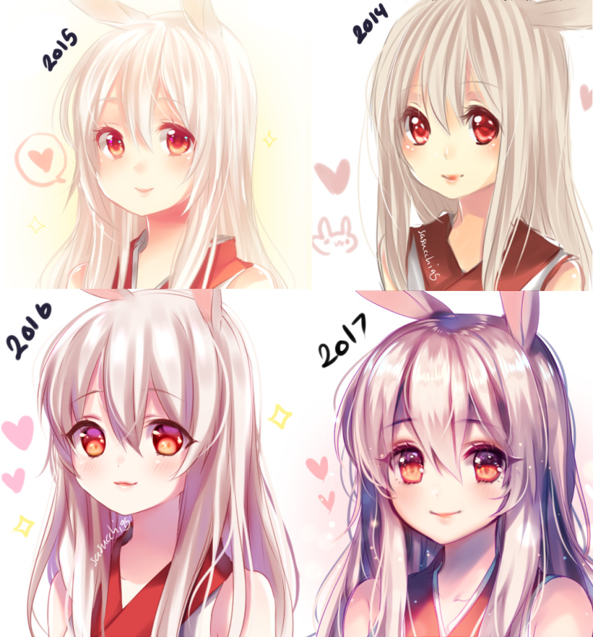 1girl aki_(sasucchi95) animal_ears artist_name bare_shoulders blush closed_mouth collarbone colored_eyelashes english_commentary hair_between_eyes heart japanese_clothes kimono lips long_hair original rabbit_ears rabbit_girl red_eyes red_kimono redrawn sasucchi95 sidelocks smile sparkle spoken_heart upper_body white_background white_hair white_kimono