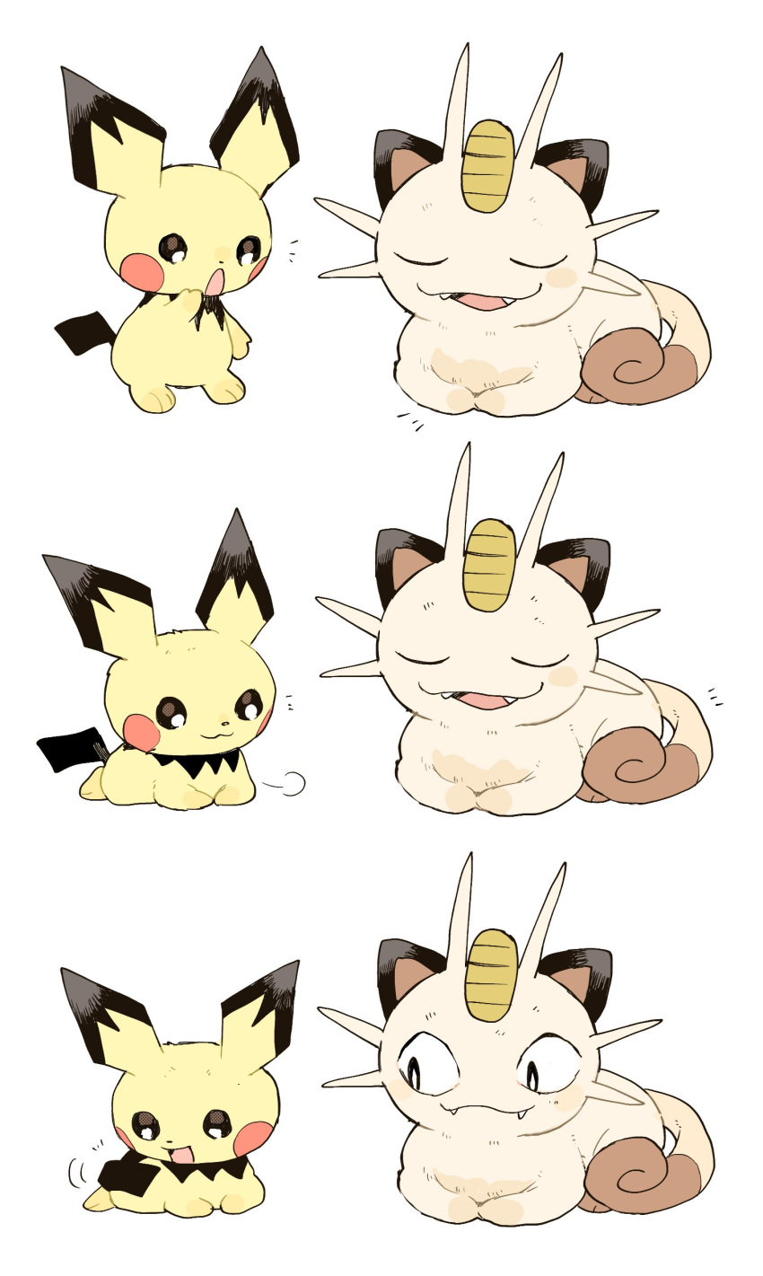 absurdres animal_ears black_eyes cat cat_ears cat_loaf commentary_request ears fangs highres imitating meowth newo_(shinra-p) no_humans pichu pokemon pokemon_(creature) simple_background tail white_background