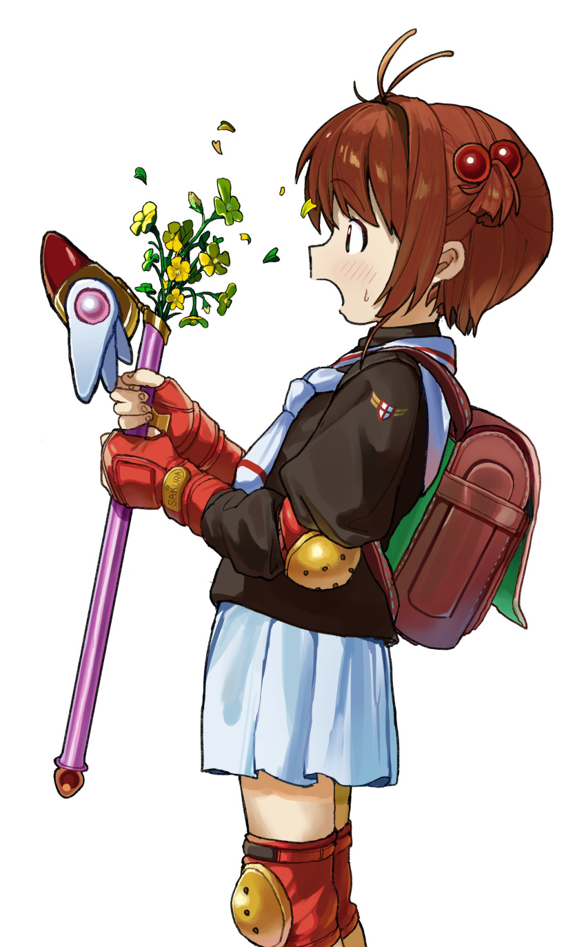 1girl absurdres antenna_hair backpack bag brown_hair cardcaptor_sakura elbow_pads feet_out_of_frame fingerless_gloves flower from_side fuuin_no_tsue gloves hair_bobbles hair_ornament highres holding holding_wand ikeda_pafe kinomoto_sakura knee_guards knee_pads looking_ahead magic_trick miniskirt neckerchief one_side_up open_mouth petals pleated_skirt profile red_gloves red_guard school_uniform short_hair simple_background skirt solo standing surprised tomoeda_elementary_school_uniform turtleneck wand white_background white_neckerchief winged_wand yellow_flower