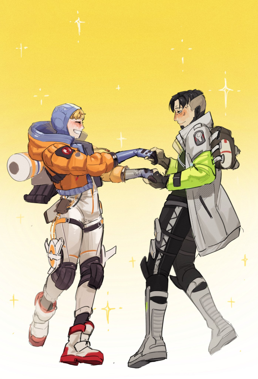 1boy 1girl ^_^ apex_legends black_eyes black_gloves black_hair black_pants blue_gloves blush bodysuit bohe-menthe boots closed_eyes crypto_(apex_legends) dancing fingerless_gloves from_side gloves green_vest hetero highres holding_hands hood hood_down hooded_jacket jacket looking_at_another pants smile sparkle vest wattson_(apex_legends) white_bodysuit white_footwear white_jacket yellow_background