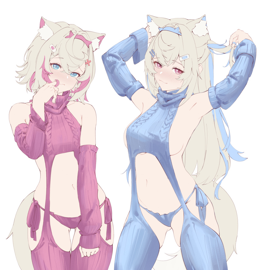 2girls absurdres animal_ear_fluff animal_ears bandaid bandaid_hair_ornament blonde_hair blue_eyes blue_hair blue_panties blue_sweater blue_thighhighs blush breasts dog_ears dog_girl dog_tail fang fuwawa_abyssgard hair_ornament hairpin highres hololive hololive_english large_breasts long_hair medium_hair meme_attire mococo_abyssgard multicolored_hair multiple_girls panties pink_eyes pink_hair pink_panties pink_sweater revil0l siblings side-tie_panties sisters skin_fang small_breasts smile solo streaked_hair sweater tail thighhighs twins two_side_up underwear virgin_destroyer_sweater virtual_youtuber x_hair_ornament