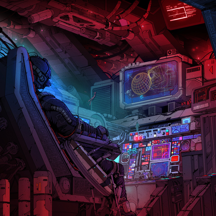 1boy absurdres chair cockpit commentary english_commentary guy_warley helmet highres monitor multiple_monitors original red_light scenery science_fiction sitting solo spacecraft_interior vehicle_interior ventilation_shaft