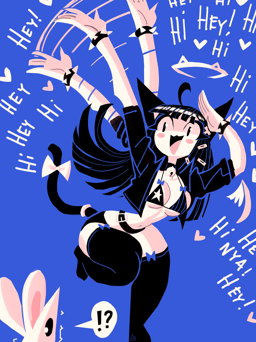 !? 1girl :3 andaerz animal_ears bell belt bikini blunt_bangs bracelet breasts cat_ears cat_girl cat_tail choker hair_ornament hairclip halo heart highres jacket jewelry jingle_bell limited_palette long_hair mouse open_clothes open_jacket open_mouth original ribbon smile solo spiked_bracelet spiked_choker spikes star_(symbol) swimsuit tail thigh_bow thighhighs