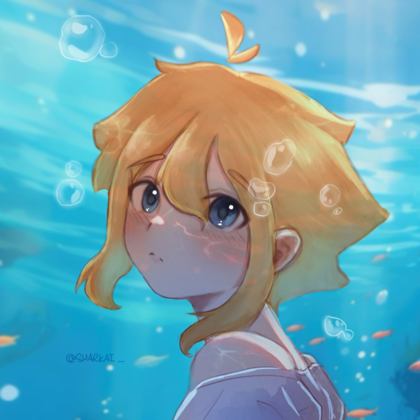 1boy air_bubble basil_(faraway)_(omori) basil_(omori) blonde_hair blue_eyes blush bubble closed_mouth highres looking_at_viewer omori sharkai short_hair solo underwater