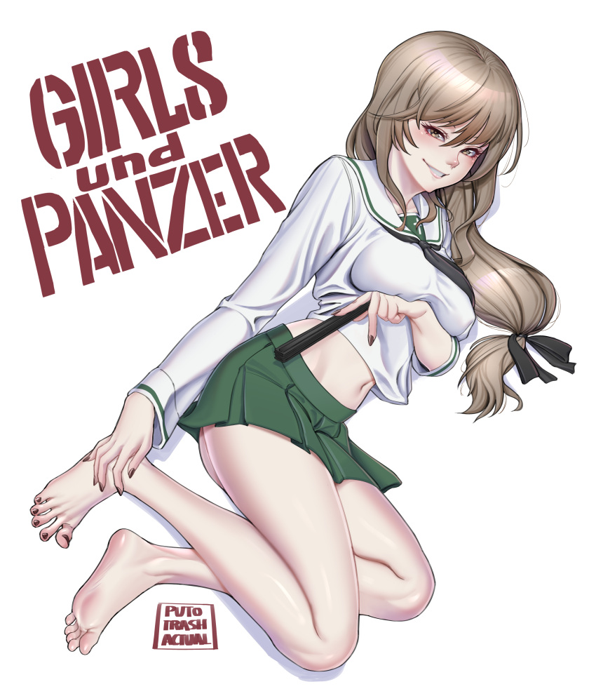 1girl absurdres artist_name barefoot black_ribbon breast_hold breasts brown_hair copyright_name folding_fan full_body girls_und_panzer green_skirt hair_ribbon half-closed_eyes hand_fan highres holding holding_fan holding_own_foot large_breasts legs long_hair long_sleeves looking_at_viewer low-tied_long_hair lying mature_female midriff navel on_side ooarai_school_uniform parted_lips pleated_skirt puto_trash ribbon sailor_collar school_uniform shimada_chiyo simple_background skirt solo thighs white_background