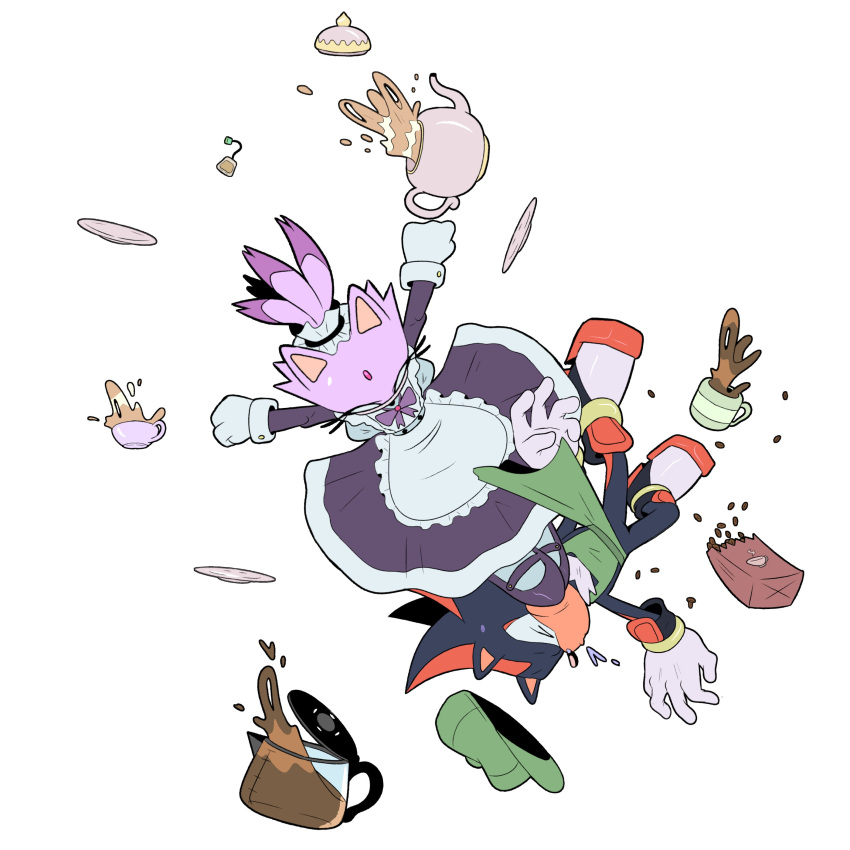 1boy 1girl absurdres animal_ears apron black_fur blaze_the_cat cat_ears coffee coffee_bag coffee_mug cup forehead_jewel furry furry_female furry_male gloves green_hat hat highres maid mug plate purple_fur shadow_the_hedgehog simple_background sonic_(series) stellarspin tea teacup teapot white_apron white_background white_gloves