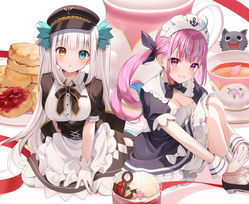 2girls :o ahoge anchor_symbol apron aqua_nails black_hat black_shirt blue_dress blue_hair blue_ribbon blunt_bangs blush braid breasts cleavage colored_inner_hair commentary_request dress drill_hair fanged_bangs flat_cap frilled_apron frills full_body gloves hair_ribbon hat highres kagura_gumi kagura_mea knees_up large_breasts long_hair looking_at_viewer maid maid_headdress mary_janes minato_aqua minato_aqua_(1st_costume) momoshiki_tsubaki multicolored_hair multiple_girls nail_polish neko_(minato_aqua) oversized_food oversized_object pantyhose purple_eyes purple_hair ribbon shirt shoes short_dress short_sleeves sitting streaked_hair twin_braids twin_drills twintails two-tone_hair virtual_youtuber waist_apron white_apron white_gloves white_pantyhose