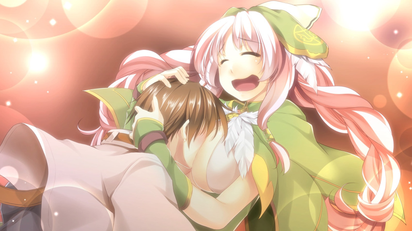 1boy 1girl ^_^ alto_travers arms_around_neck atelier-moo between_breasts blush braid breasts brown_hair cleavage closed_eyes covering_face dress face_between_breasts frown hair_ribbon hand_on_another's_head head_between_breasts highres hug large_breasts long_hair nina_lazydaisy open_mouth pink_hair ribbon short_hair smile standing twin_braids wince wizards_symphony