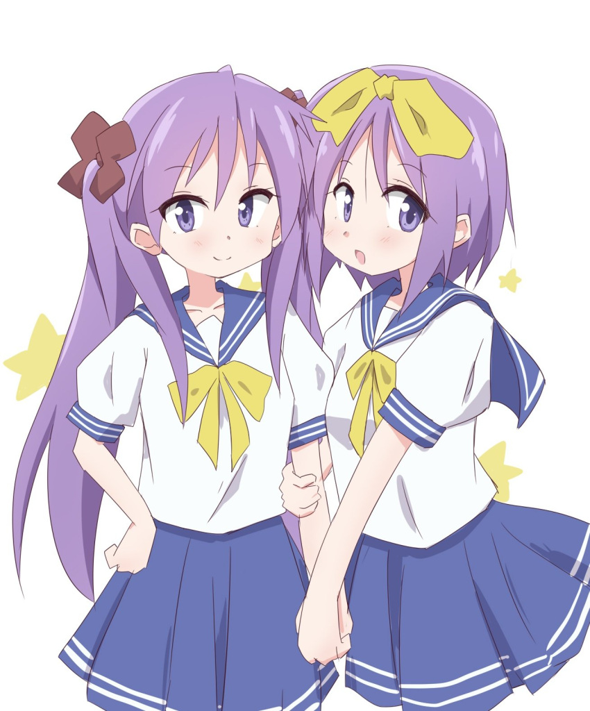 2girls blue_eyes bow closed_mouth collarbone daihi_(sqz306) dot_nose hair_bow highres hiiragi_kagami hiiragi_tsukasa holding_another's_arm holding_hands long_hair looking_at_viewer lucky_star medium_hair multiple_girls open_mouth purple_hair school_uniform serafuku short-sleeved_shirt short_sleeves siblings simple_background sisters skirt standing star_(symbol) white_background
