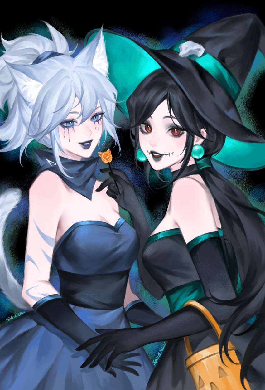 2girls animal_ears bandana black_background black_choker black_dress black_ears black_gloves black_hat black_lips blue_bandana blue_dress blue_eyes blue_lips bone_earrings breasts brown_eyes candy cat_ears choker cleavage dress elbow_gloves english_commentary food gloves halloween_bucket hat highres holding holding_candy holding_food holding_lollipop jett_(valorant) kemonomimi_mode lollipop low_ponytail medium_breasts multiple_girls parted_lips ponytail sage_(valorant) smile valorant wan_wan witch_hat