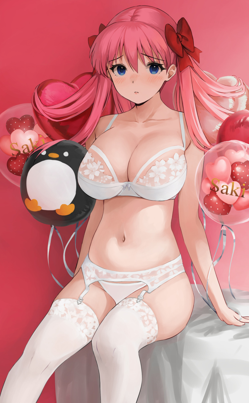 1girl absurdres arm_support bad_id bad_pixiv_id balloon bangs bare_shoulders bed bird blue_eyes blush bow bow_bra bra breasts cleavage closed_mouth collarbone commentary copyright_name etopen eyebrows_visible_through_hair feet_out_of_frame furrowed_brow garter_belt gradient gradient_background hair_between_eyes hair_bow hair_ornament haramura_nodoka heart heart_balloon highres kirarin369 lace lace_bra lace_garter_belt lace_legwear large_breasts light_frown long_hair navel on_bed panties penguin pink_hair pink_lips red_bow saki simple_background sitting skindentation solo thighhighs twintails underwear white_bra white_legwear white_panties