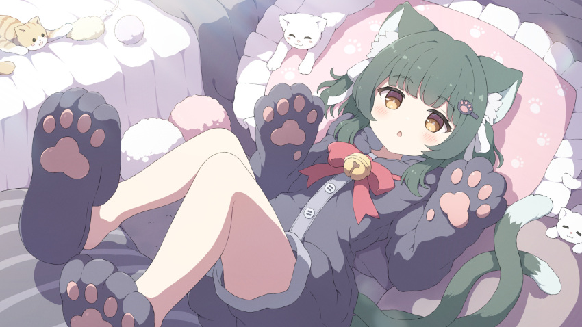 1girl :o animal animal_hands bell cat cat_girl commission gloves green_hair highres lying multiple_tails on_back original paw_gloves paw_hair_ornament paw_print_soles skeb_commission tail tyakomes variant_set yellow_eyes