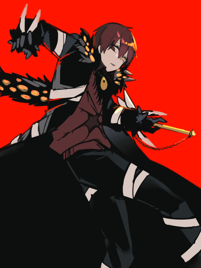 0o0onnk 1other arm_up bandaged_arm bandaged_leg bandages black_coat black_pants coat cowboy_shot e.g.o_(project_moon) employee_(project_moon) greatsword highres lobotomy_corporation long_sleeves looking_at_viewer pants parted_lips project_moon red_background red_sweater simple_background solo sweater sword weapon