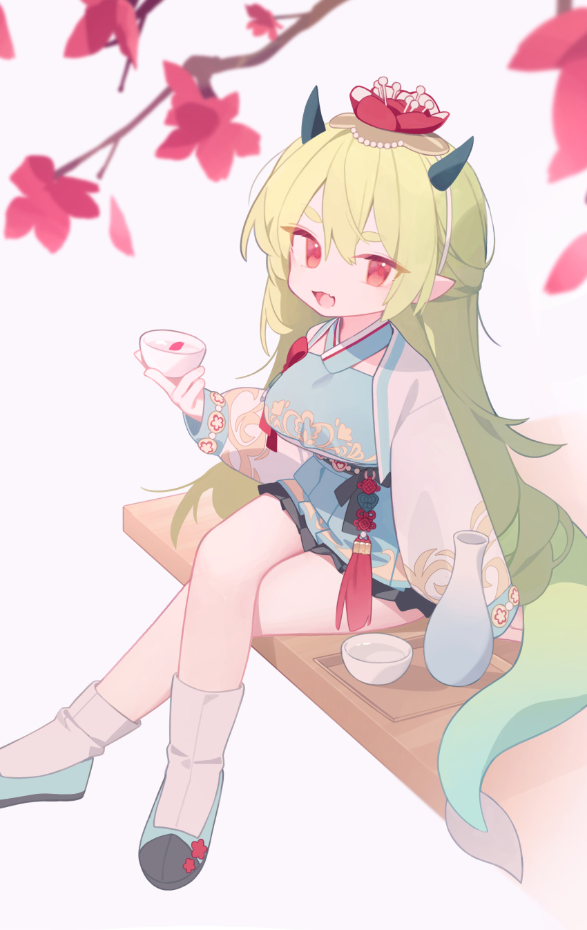 1girl absurdres ankle_socks arm_support branch breasts choko_(cup) commentary commission cropped_vest crossed_legs cup doribae dragon_girl dragon_horns dragon_tail fang flower flower_hairband foot_out_of_frame frilled_skirt frills garam_(ryeoubi) green_footwear green_hair green_horns green_skirt green_tail green_vest hair_between_eyes hairband hanbok hand_up highres holding horns jacket jeogori_(clothes) korean_clothes long_hair long_sleeves looking_at_viewer medium_breasts open_clothes open_jacket open_mouth original petals pointy_ears puffy_long_sleeves puffy_sleeves red_eyes red_flower red_ribbon red_tassel ribbon simple_background sitting skin_fang skirt smile socks solo symbol-only_commentary tail tassel tokkuri very_long_hair vest white_background white_hairband white_jacket white_socks