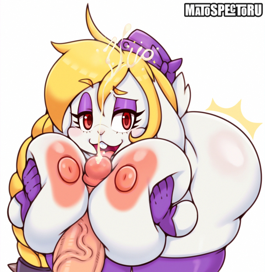 anthro areola bent_over big_breasts blonde_hair bodily_fluids breast_play breasts broodal clothing cum cumshot ejaculation female genital_fluids genitals hair hariet_(mario) hi_res huge_breasts lagomorph legwear leporid licking male male/female mammal mario_bros matospectoru nintendo nipples oral penile penis penis_lick rabbit sex super_mario_odyssey thigh_highs titfuck tongue vein veiny_penis white_body