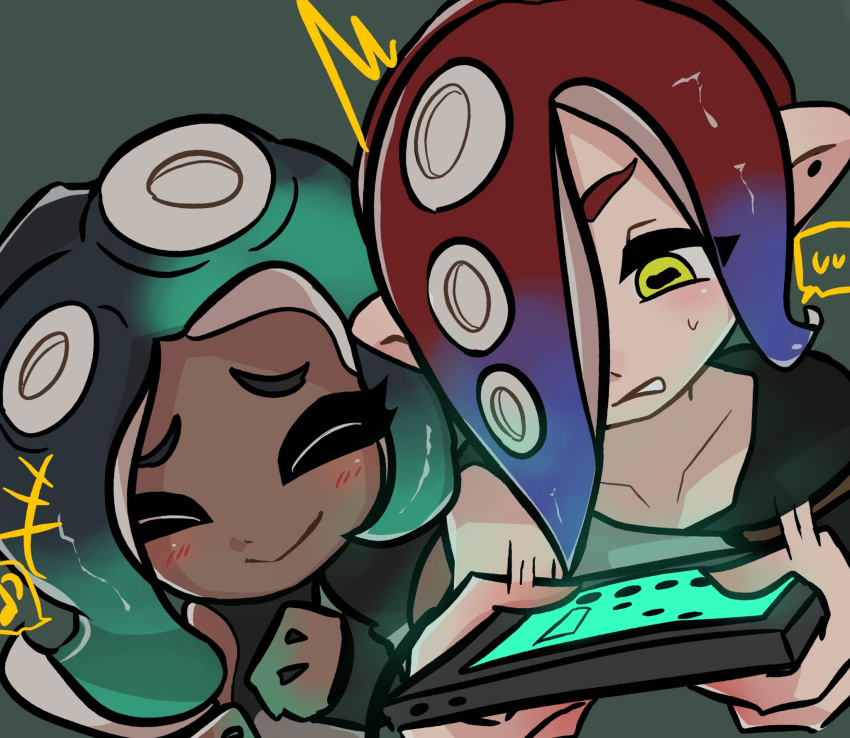 +++ 2girls ^_^ aqua_skin black_hair blue_hair closed_eyes closed_mouth collarbone colored_skin dark-skinned_female dark_skin dedf1sh furrowed_brow gradient_hair gradient_skin hair_over_one_eye highres horizontal_pupils marina_(splatoon) multicolored_hair multicolored_skin multiple_girls octoling playing_games red_hair short_hair siawase2n smile splatoon_(series) splatoon_3 splatoon_3:_side_order spoken_sweatdrop suction_cups sweatdrop tentacle_hair two-tone_hair two-tone_skin yellow_eyes