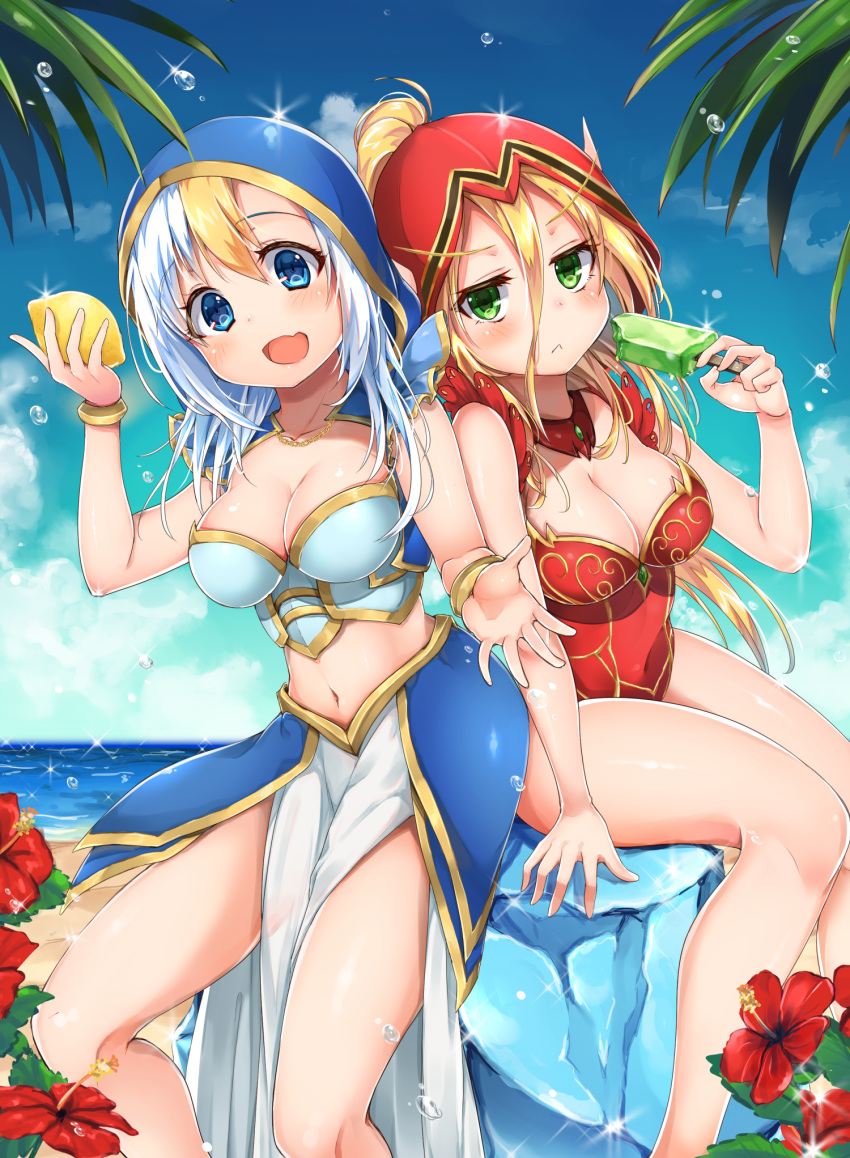 2girls airmisuzu blonde_hair blue_eyes breasts cleavage flower food fruit green_eyes hearthstone highres holding hood ice ice_cream jaina_proudmoore lemon looking_at_viewer multicolored_hair multiple_girls navel ocean open_mouth pelvic_curtain streaked_hair swimsuit two-tone_hair valeera_sanguinar warcraft white_hair world_of_warcraft