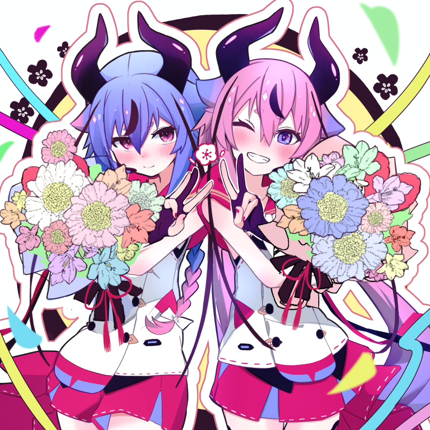 2others absurdres black_hair blue_hair blush bouquet braid braided_ponytail buttons closed_mouth colored_tips double-breasted falling_petals finger_counting finger_counting_duo flower_(symbol) gloves grin highres hikimayu holding holding_bouquet hood hood_down hooded_jacket horns jacket long_hair looking_at_viewer low_twintails meika_hime meika_mikoto multicolored_hair multiple_others one_eye_closed outline partially_fingerless_gloves petals pink_eyes pink_hair pink_shorts pink_skirt purple_eyes short_shorts shorts siblings side-by-side skirt sleeveless sleeveless_jacket smile standing streaked_hair sukenoota twintails v vocaloid white_background white_jacket white_outline