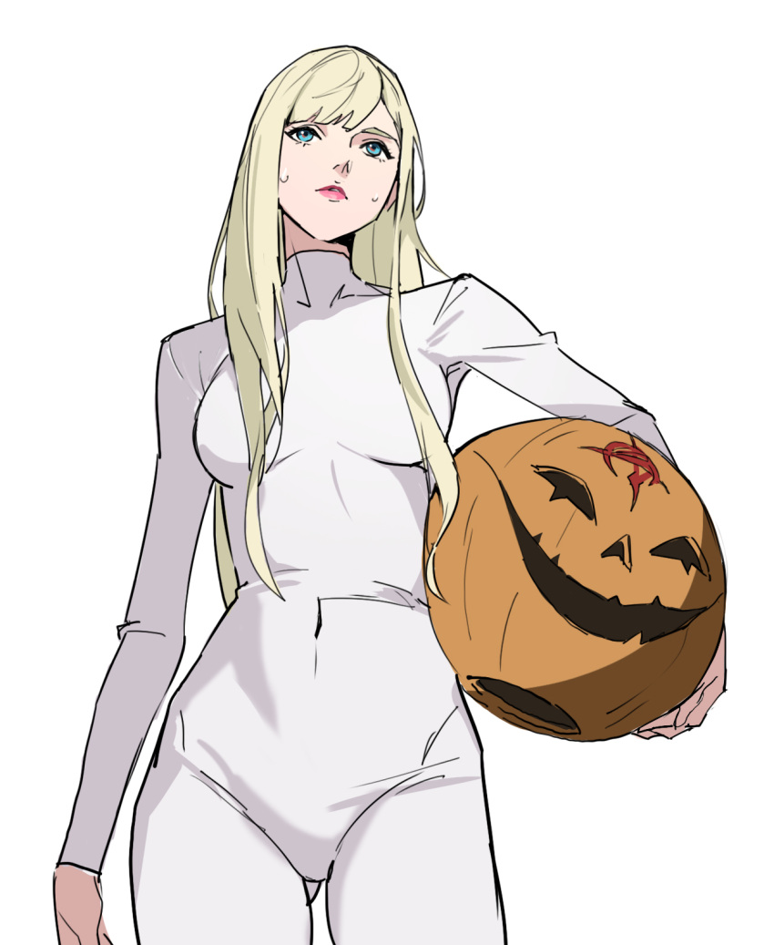 1girl aqua_eyes blonde_hair blue_eyes bodysuit breasts dress gigi_andalusia gundam gundam_hathaway's_flash halloween highres jack-o'-lantern jason_kim lips long_hair long_sleeves medium_breasts parted_lips pumpkin simple_background skin_tight solo standing sweat turtleneck very_long_hair white_background white_bodysuit